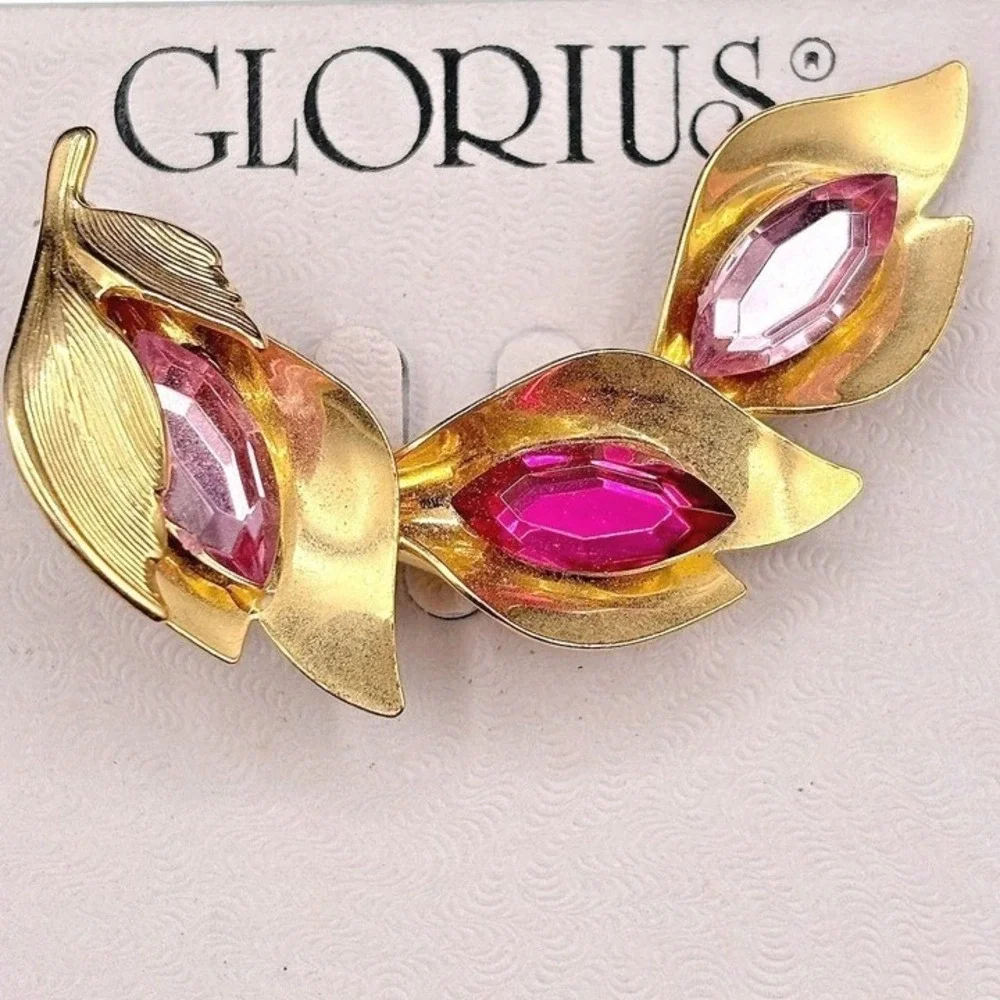 Glorius Vtg 60s Gold Tone Pink Marquis Rhinestone‎ Leaf Brooch Costume Jewelry